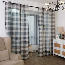 Retro Deco Home geometric Check Style sheer Window Curtains pencil pleat Grommet top for living bedroom