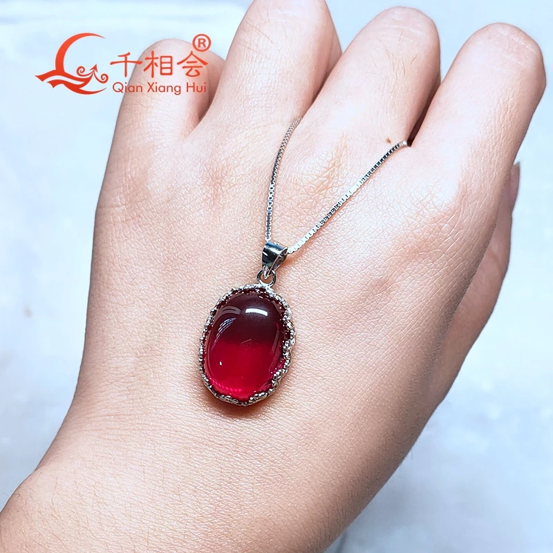Solid 925 Sterling Silver Oval Round Red Simulated Ruby and White Diamond Prong Set Solitaire Pendant .02 cttw