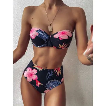 

Flower Bandeau Female Swimsuit High Waist Bikini 2020 Women Swimwear Two-pieces Bikini set Push Up Bather Bathing Suit Swim New