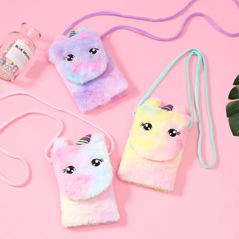 

Winter Kids Girls Colorful Mini Messenger Bag Kids Shoulder Bag Purse Phone-Pouch Crossbody Bag Soft Plush Rainbow Fur Unicorn