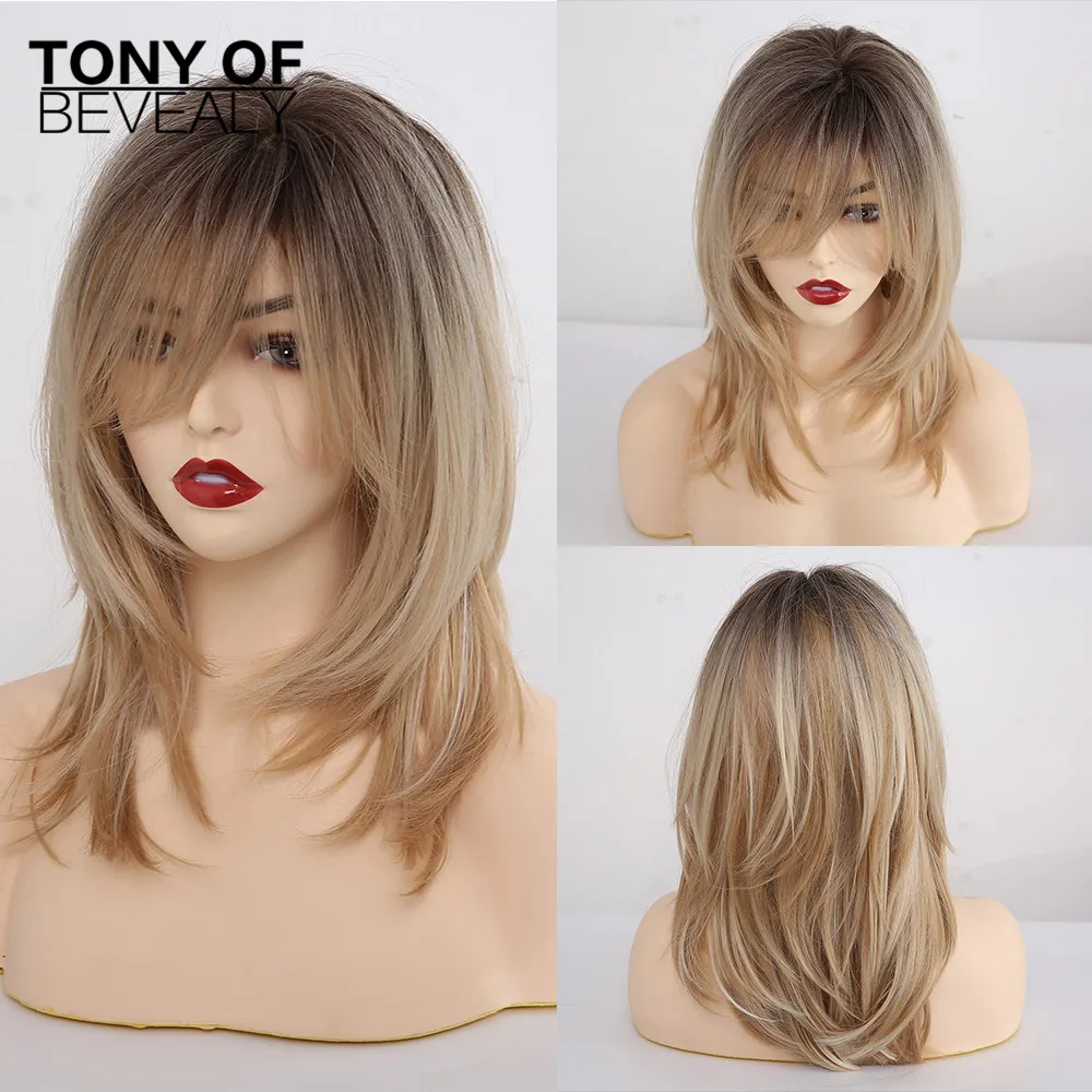 Comprar Pelucas sintéticas onduladas largas con flequillo para mujeres pelucas Cosplay afro americanas mixtas pelucas de fibra Natural marrón Natural resistente al calor