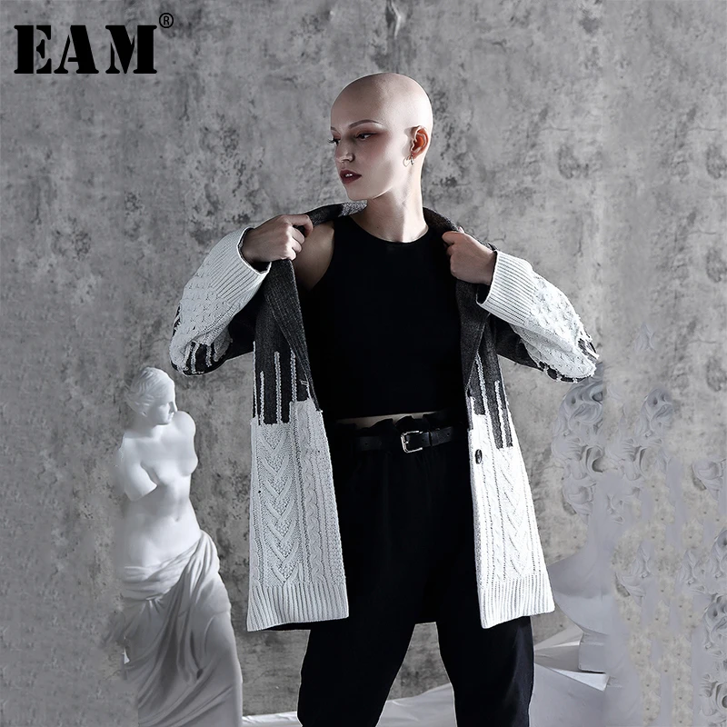 [EAM] Loose Fit Contrast Color Loose Fit Sweater Jacket New Lapel Long Sleeve Women Coat Fashion Tide Autumn Winter 1A308