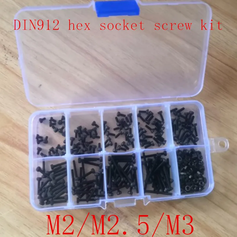 300pcs M3 Black 10.9 Grade Button Head Hex Socket Screw Bolt Nut Assortment Kit 