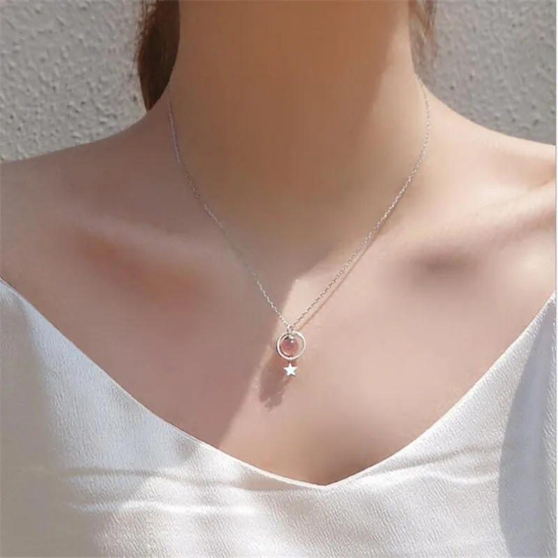 New Fresh And Lovely Stars Strawberry Pink Crystal 925 Sterling Silver Jewelry Magic Circle Women Pendant Necklaces XL122 - Image 3