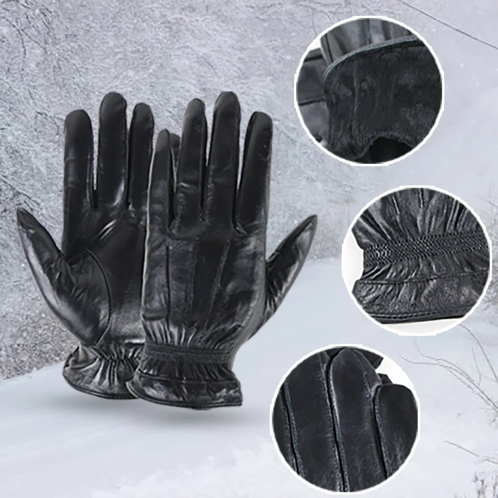 Leather Warm Thermal Lined Wrist Strap Gloves Men Winter Touch Screen Mittens Windproof Sports Fitness Outdoor Skiing Glove#LR3