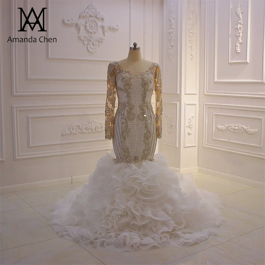 Robe de mariee sirene с длинным рукавом со стразами Роскошные Русалка 2 в 1 свадебное платье