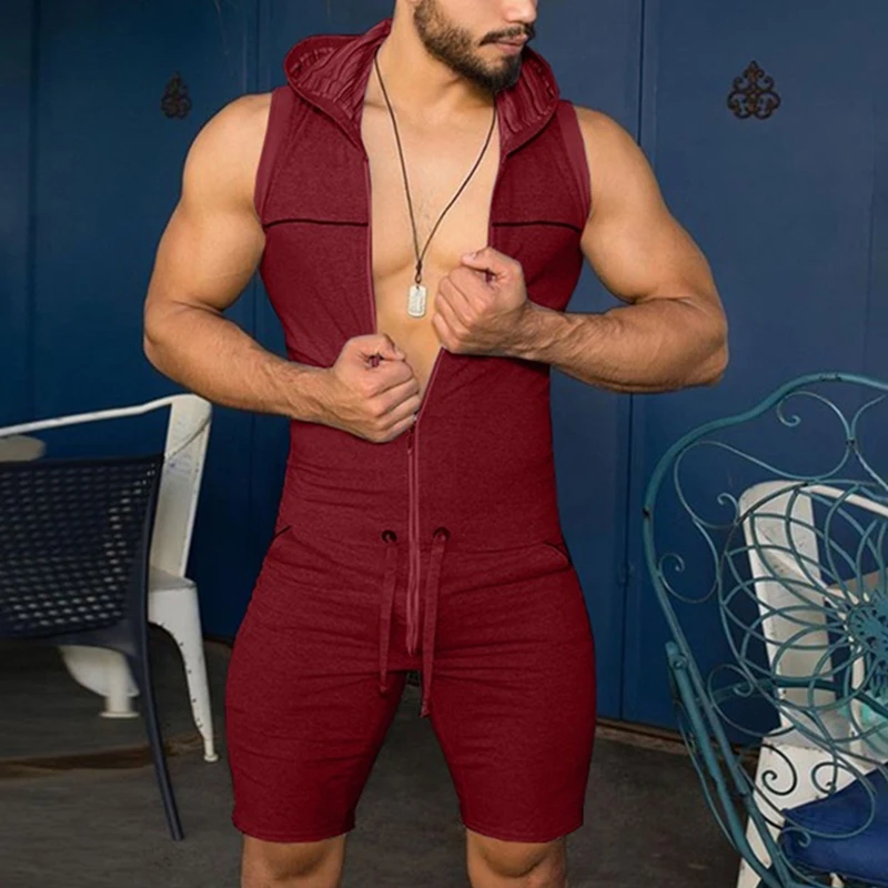Men's Sleeveless Jumpsuit Bodysuit Zipper Hooded Rompers Shorts Home Wear Tracksuit Pajamas