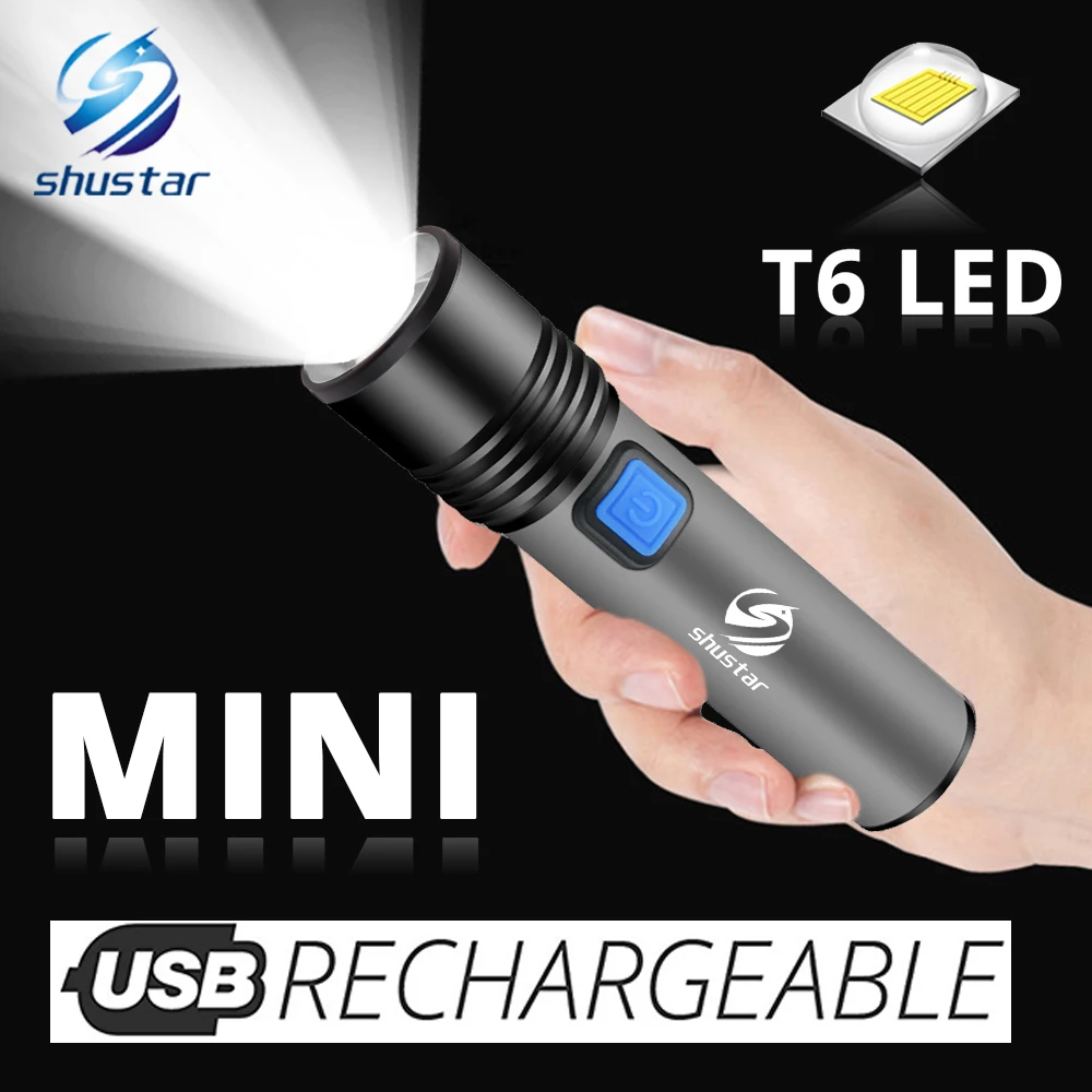 Linterna LED recargable USB con T6 LED incorporado en batería de litio de 1200mAh Luz de camping impermeable linterna Zoomable