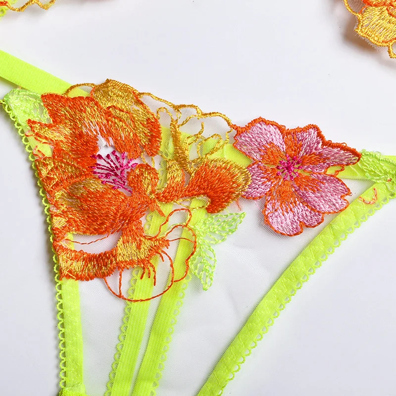 sheer bra and panty sets Lingerie set  Big Flower embroidery, stitching, underwear three-piece set with waist seal Garter set  luxury lingerie set ethika set