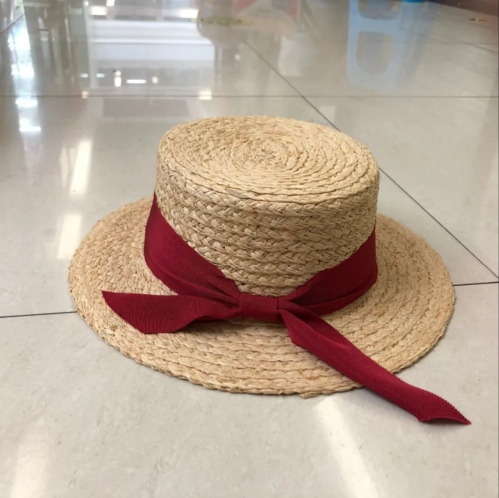Новая простая женская летняя пляжная шляпа из рафии, черно-белая лента, шляпа из рафии с бантом, темпераментные плоские соломенные шляпы, женская пляжная шляпа