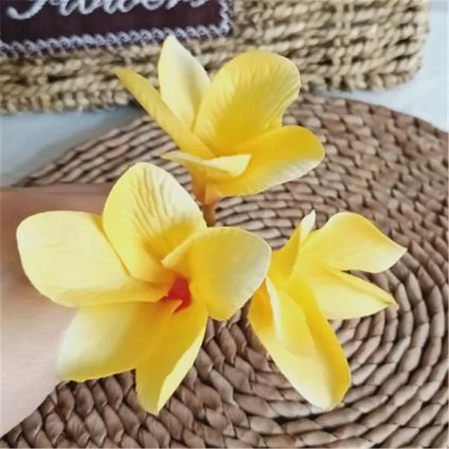 40pcs Artificial Frangipani Flower 3 Heads/Piece Silk Plumeria Rubra Flower Heads for Wedding Party Floral Decoration Yellow