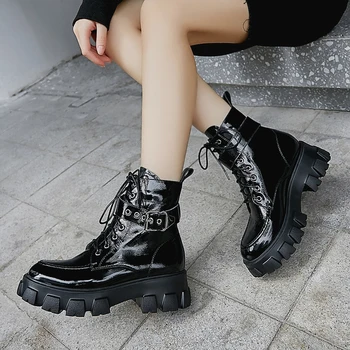 

2020 New Buckle Women Ankle Boots Genuine Leather Motorcycle Boots Party Night Club Shoes Woman Chunky Heels Outdoor Boots