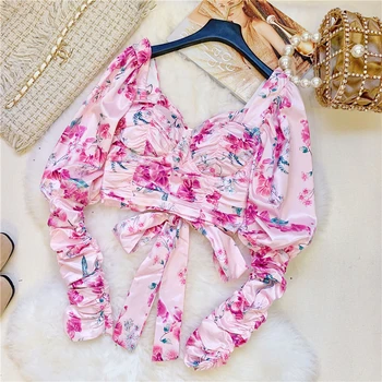 

Temperament Women's Blouse New Floral Print Sexy Backless Lace-up Cropped Top Ladies Short Shirt Slim Blouse Blusas Femme