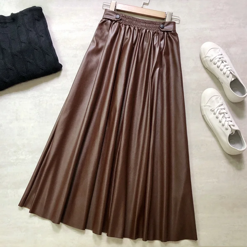 

Black Elegant Winter Skirt Woman Fashion Elastic High Waist Button Long Leather Skirts Womens Grey Khaki Fall 2020 Mujer Faldas