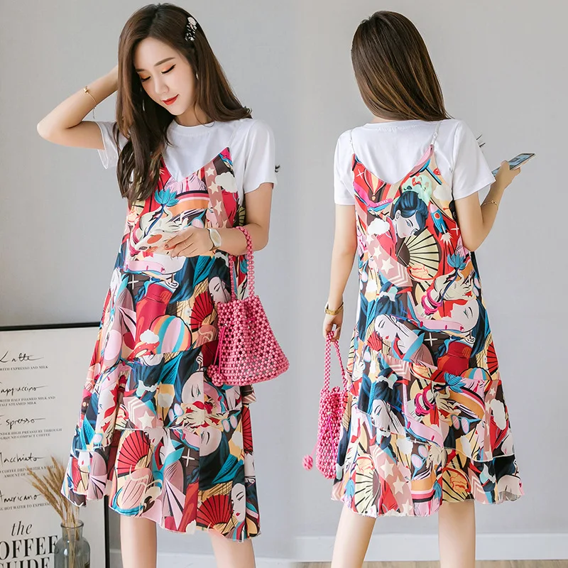 

Pregnant Women Summer Wear Dress 2019 New Style Summer Skirt Mid-length Strapped Dress Tops-Style Set Two-Piece Set