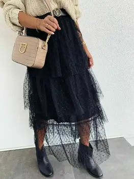 

Tulle Skirt Women Long Mesh Skirt 2019 Spring Summer Korean Black Pink Net Yarn High Waist Pleated Skirt Female