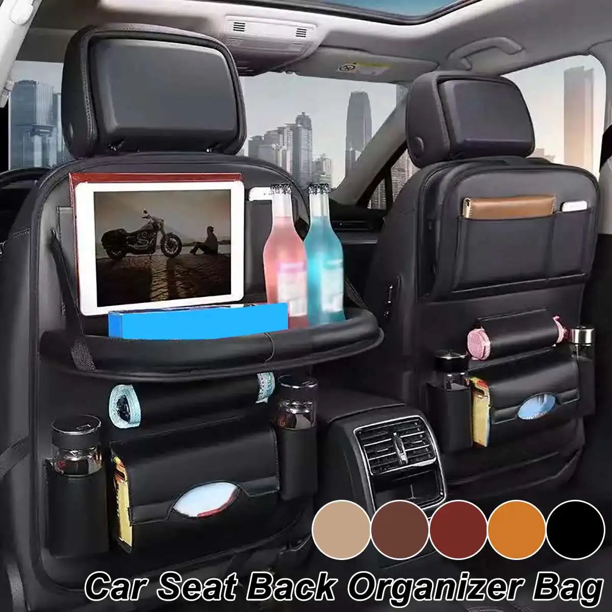 Car Back Seat Organizer PU Leather Folding Table Tray Holder Pocket Storage bag 