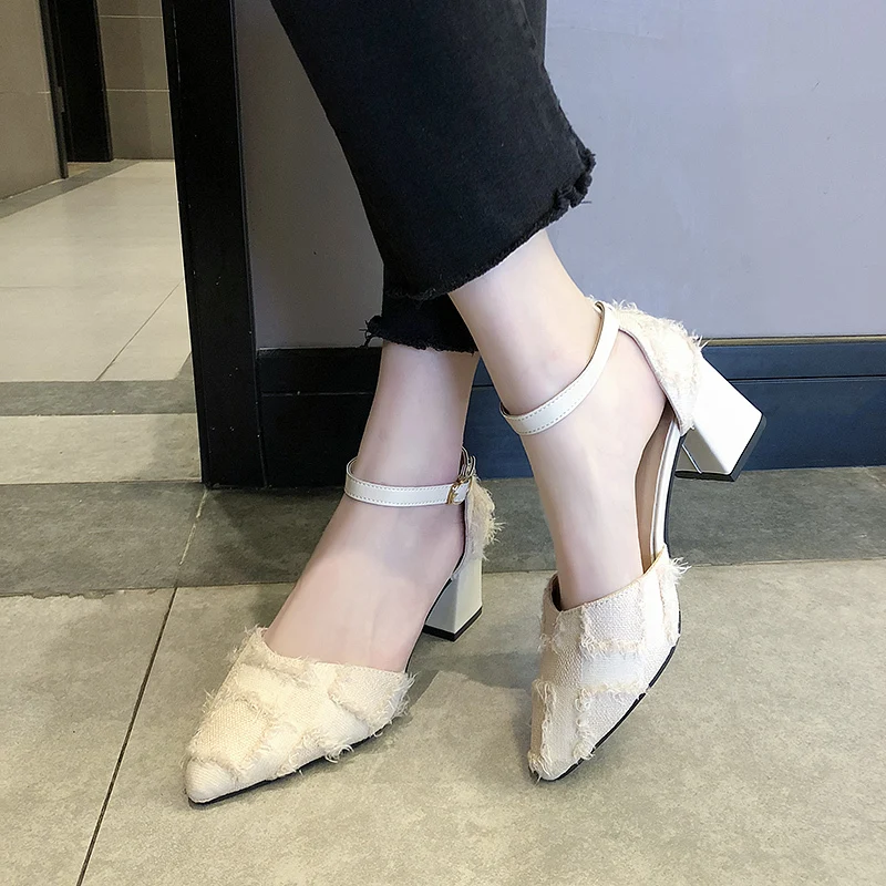 

2020 New Spring Pointed Toe High Heel Sandals Women Pumps Thick Heel Hollow Out Party Shoes Woman Heeled Pumps Ladies Work Shoes