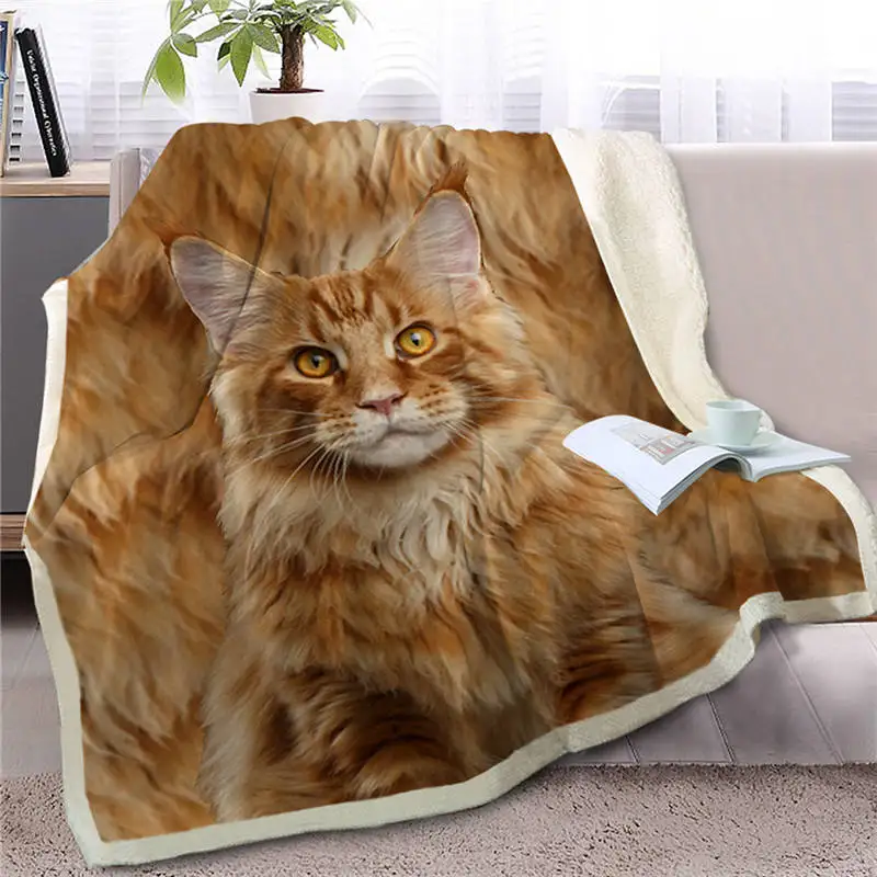 

HM Life Blanket on Bed Sofa 3D Cat Animal Printing Siamese Sherpa Blanket Pet Brown Bedspread Plush Comfortable Thin Quilt