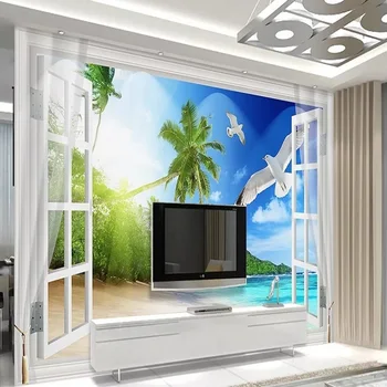 

Custom large mural 3D wallpaper Modern creative 3D expansion space fake window coconut tree TV back wall decor deep 5D embossed