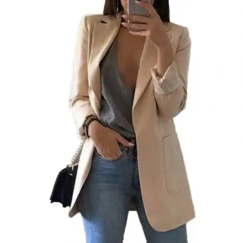 Beige XXL Модный женский офисный костюм, сплошной цвет, без пуговиц, с отворотом, приталенный Блейзер, пальто, шик - Цвет: Beige XXL