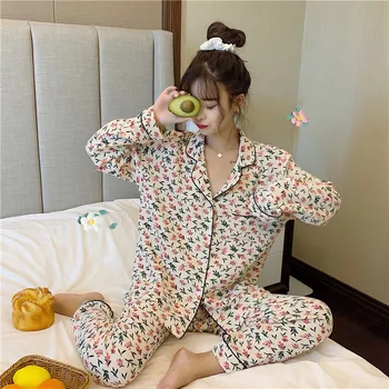 

Autumn and winter new women sweet skin friendly cotton comfortable small flower cotton yarn leisure home wear set