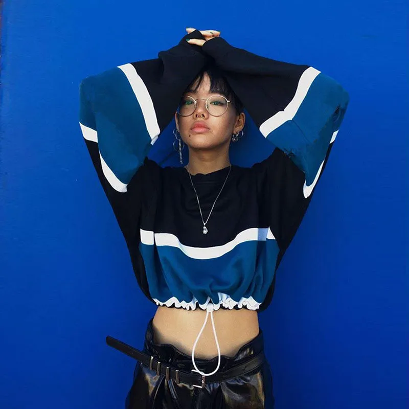 

New Style Women's Wear 2020 Short Open Navel Crew Neck Waist Drawstring Color Matching Sweatshirt Casual En*