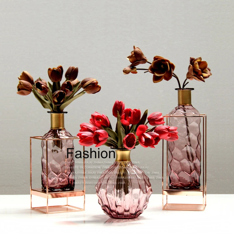 Современное высококачественное розовое пурпурное стекло ваза Настольный металлический кольцо с круглым горлышком вазы гидропоники сушеный цветочный контейнер домашний декор