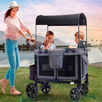 

B-LIFE Multi-Function Push&Pull 4 Passenger Double Folding Stroller Adjustable Canopy Removable Footrest Seats Trolley Cart