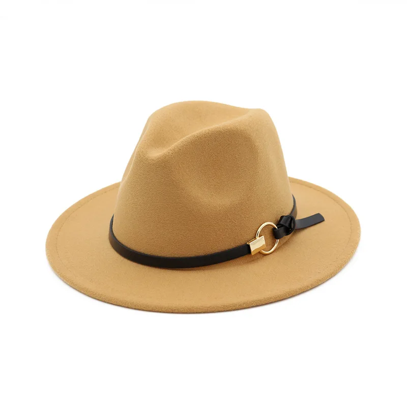 European Wide Brim Cowboy Felt Hat Panama Trilby Jazz Fedora Hats with Leather Buckle Plain Ribbon Woolen Chapeau for Women - Цвет: CAMEL