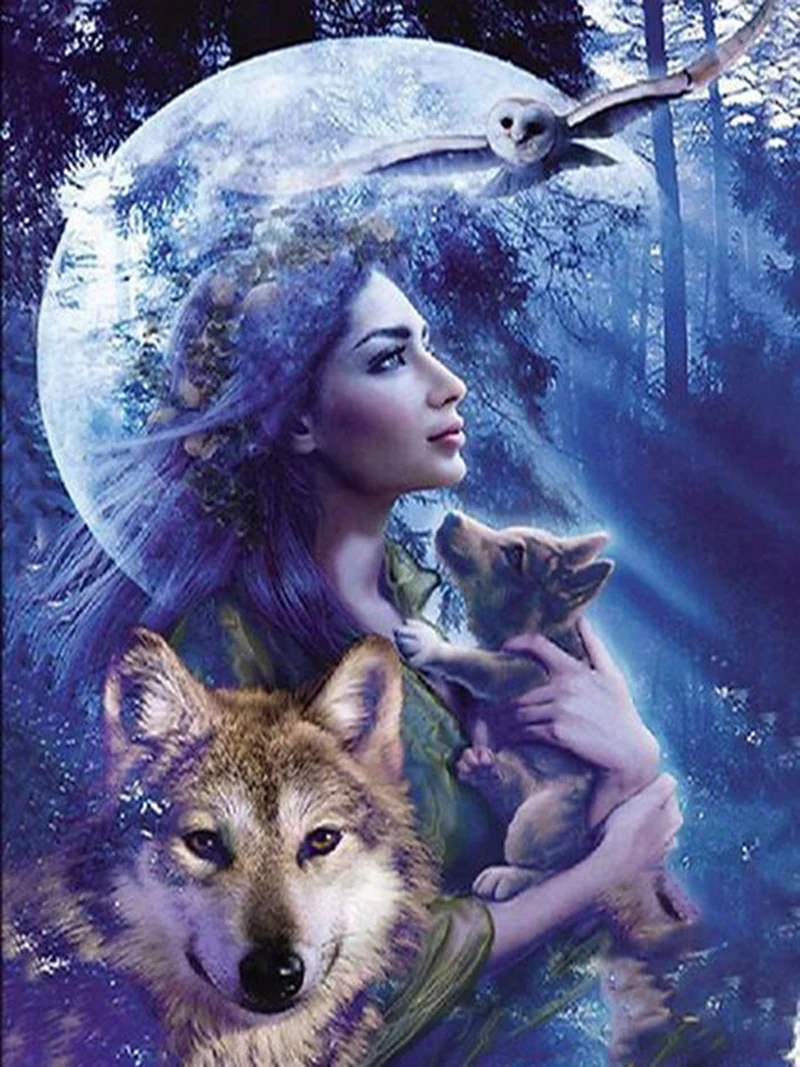 Full Diamond Painting Woman Holding Young Wolf 5D DIY Embroidery Kit Rhinestone mosaic Cross Stitch Gifts KBL | Дом и сад