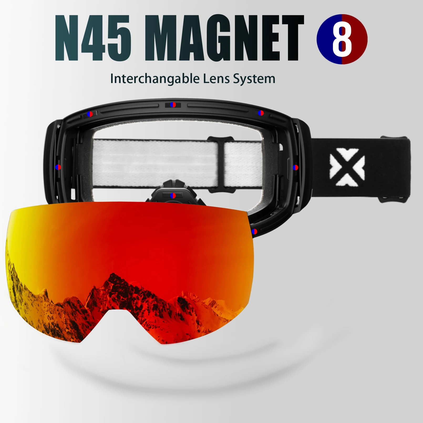 Professional Magnetic Ski Goggles with Double Layers and Anti-fog UV Protection