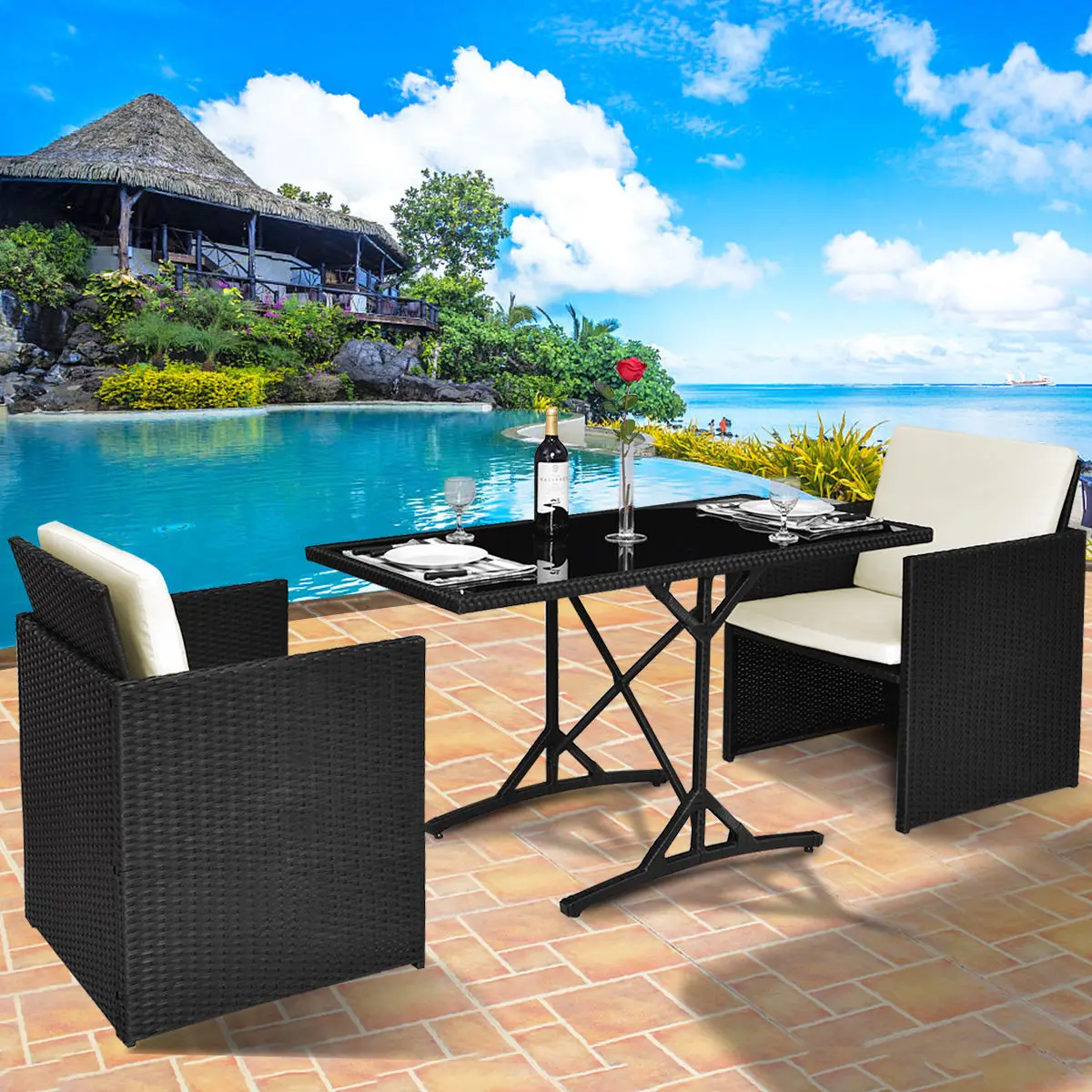 

Costway 3PCS Patio Rattan Furniture Set Cushioned Garden Table& Chairs W/Cushions