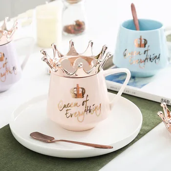 

Crown Mug Nordic Style Coffee Cup with Lid Cute Ceramic Mug Pink Milk Tea Cup 300ml Blue Mug
