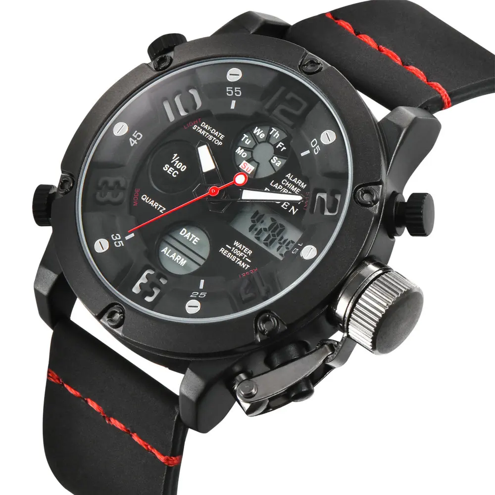 

Military Sports Men Watches Luxury Top Brand Quartz Dual Display Wrist Watch Leather Strap Waterproof LED Digital Analog Clock
