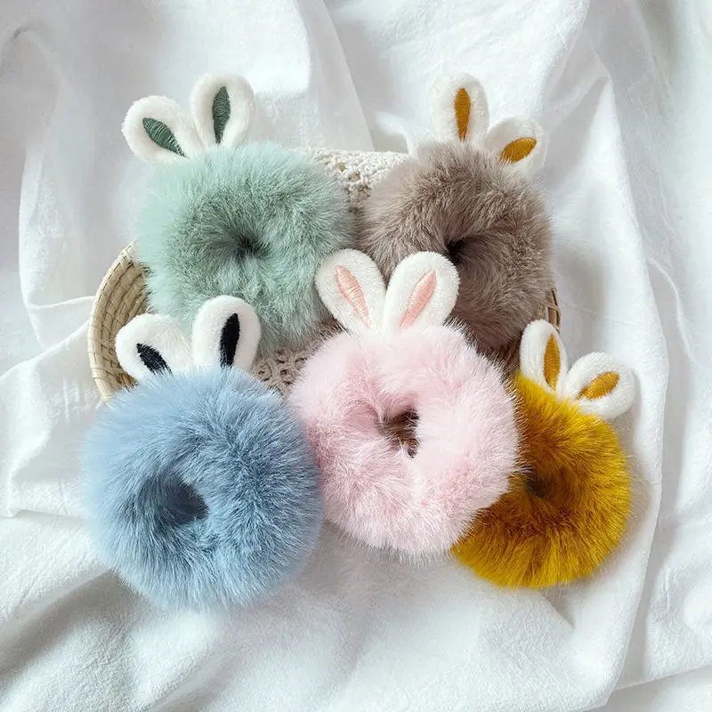 

Cute Sweet Imitation Rabbit Fur Rabbit Ears Elastic Hair Bands Girls Women Fluffy Hair Rings Candy Color Plush Hair Accessories