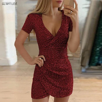 

V-neck Sexy Sequin Skinny Top Mini Dress Ladies Slim Short Sleeve Dress Slim Elegant Ladies Club Party Dress