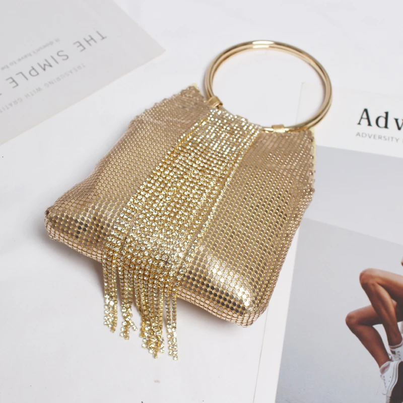 

New Fashion 2019 Summer Autumn Vintage Big Round Ring Rhinestone Tassels Chain Irregular Small Handbag Women N493