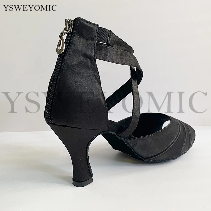 Salsa Women Dance Shoes Suede Outsole Medium Heel 7cm Black Satin Latin Ballroom Dance Shoes
