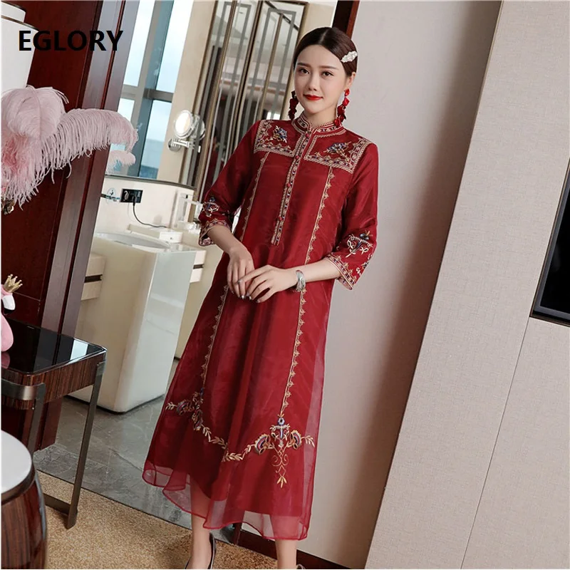 

Top Quality Brand Chinese Dress 2019 Autumn Party Vintage Dresses Women Luxurious Embroidery Mid-Calf Wine Red Dress Vestidos