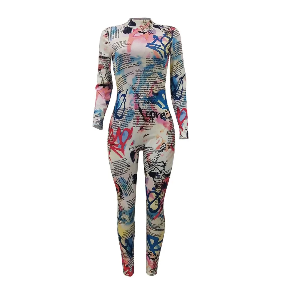 Newspaper Print Turtleneck Jumpsuit Women Long Sleeve Bandage Romper ...