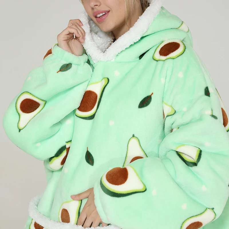 Winter Sherpa Blanket Plush Fleece Family Matching Hoodie Girl Sweatshirt Avocado Homewear Oversized