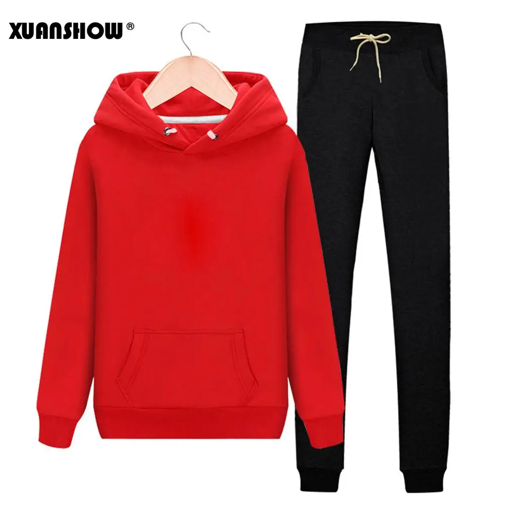 

XUANSHOW Women's Tracksuits 2019 Autumn Winter Solid Color Sportswear Hoodies+Long Pants Two Piece Set Female Cotton Outfits