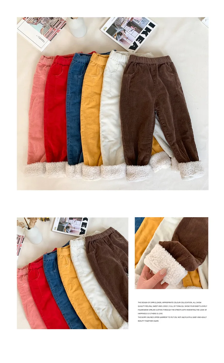Новые зимние детские вельветовые плотные узкие брюки в Корейском стиле; унисекс; Детские теплые брюки из овечьей шерсти; Штаны для маленьких девочек и мальчиков