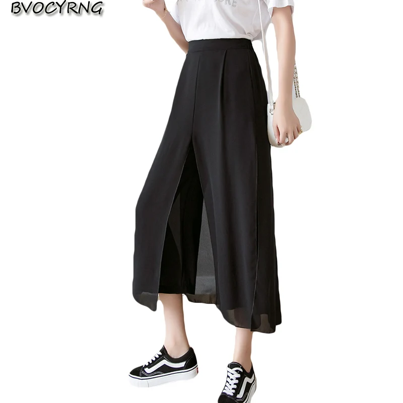 

2020 High Quality Korean Spring Summer Wide Leg Pants Women Casual Loose High Waist Pants Women's Chiffon Ankle-Length Pants