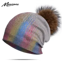 Женские шапочки из натурального меха енота с помпонами, шерстяная шапка, вязаная шапка Skullies, модная женская вязаная шапка, зимние шапки для женщин