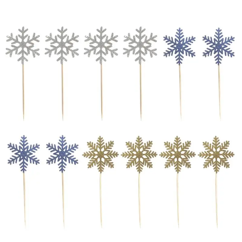 12pcs Snowflake Cake Topper Glitter Paper Shiny Cupcake Picks Cake Toppers Decorative Picks for Decoration Celebration