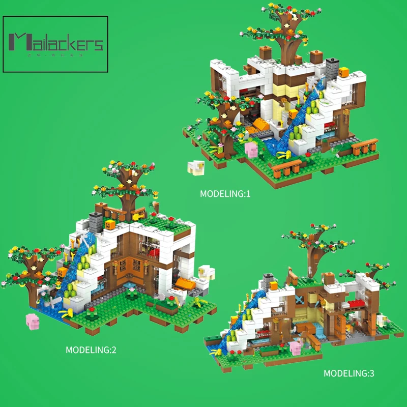 Minecraft Figures My World Mysterious Waterfall Base Escape 941PCS Set Minecrafted Village House Building Blocks Children