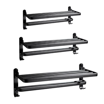 

Space Aluminum Black Towel Rack Wall Mounted Folding Towel Holder Storage Shelf with Hook Bathroom Shower Room Accessories