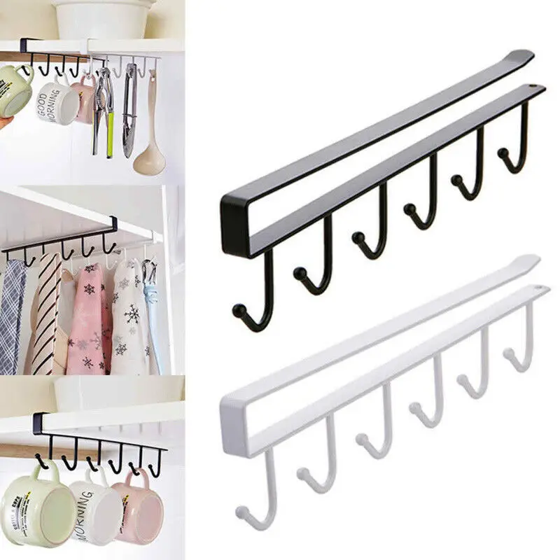 Practical 6 Hooks Cup Holder Hang Under Shelf Organiser Hook